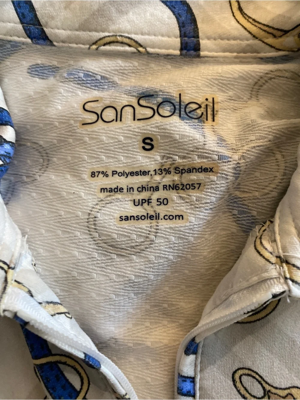 SanSoleil Printed Polo in White with Blue & Gold Accents-S upf 50 - Picture 3 of 4